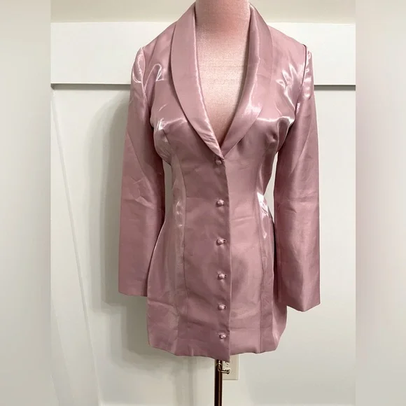 strapless open back dress Solovedress Women's 2 Piece Pink Satin Suit Peak Lapel Double Button Pants Set (Blazer+Pants) Pink / US 12
